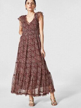 The Label Life Printed Cap Sleeve Ruffle Brown Boho Maxi Dress XL